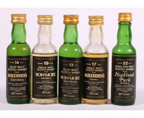 Five William Cadenhead Single Malt Scotch Whisky miniatures:  ARDBEG 17 year old, 46% vol.; ARDBEG 14 year old, 80° proof; BO