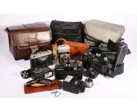 Nimslo 3D camera, Zenith camera, Voigtlander Bessa 66, Kodak Compur and a collection of camera bags, cases, etc.