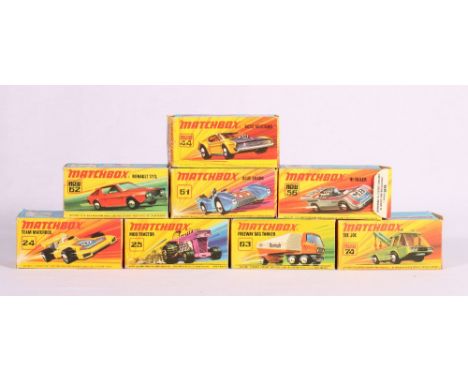 Eight Matchbox Superfast vehicles to include 24 Team Matchbox metallic red body. 25 MOD tractor metallic purple no lights, 44