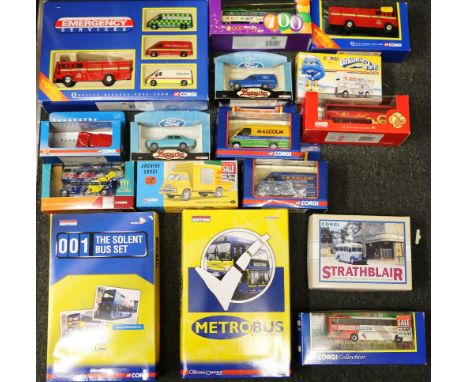 Sixteen Corgi die cast model vehicles to include OM99172, OM99166, 60026, 97765, 30306, 43226, CC82306, CC07801, CC07803, 659