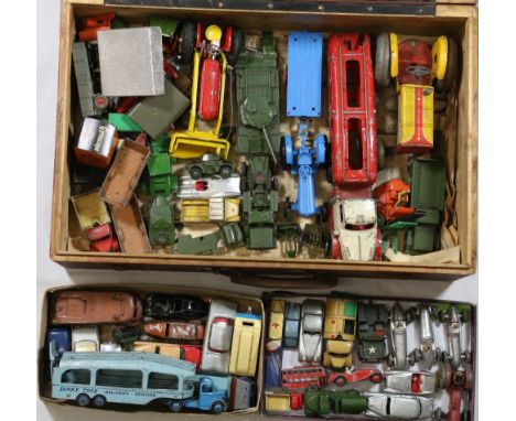 Playworn diecast model vehicles including Dinky 903 Foden flatbed, 955 fire engine, 582 Pullmore car transporter, 660 tank tr