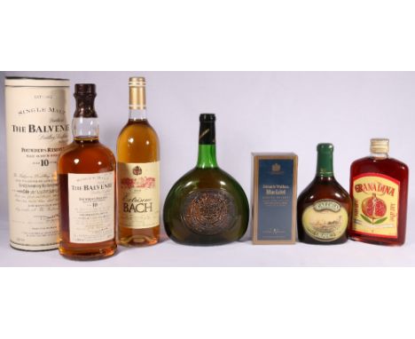 THE BALVENIE 10 y.o Founders Reserve single malt scotch whisky 1 litre 43% vol with tub, JOHNNIE WALKER blue label miniature 