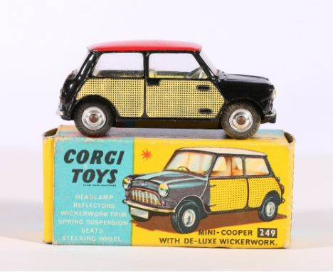 Corgi Toys 249 Morris Mini Cooper with de-luxe wickerwork, boxed.   CONDITION REPORT:  Box is crisp.  Some scuffing to edges 