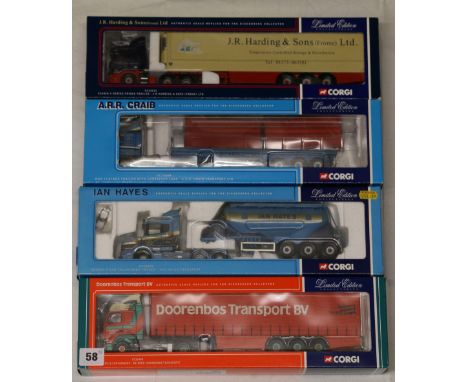Four Corgi 1:50 limited edition articulated lorry models:  CC12215 J R Harding & Sons Ltd Scania 4 series fridge trailer, wit