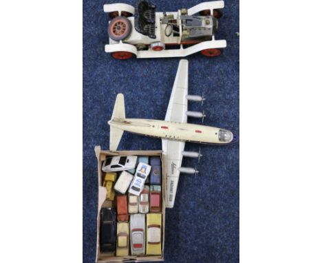 Schuco tinplate BOAC aeroplane, Mamod style live steam car and fourteen Corgi and other playworn die cast model vehicles   CO