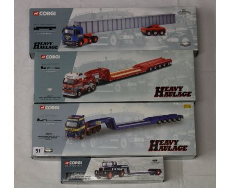 Four Corgi 1:50 Heavy Haulage models:  76802 J R Dunkerley MAN tractor unit, bogie including Bridge Beam Load, limited editio