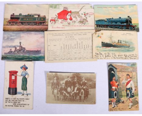 Edwardian and later postcard collection, hundreds within shoe box including many locomotives, Donald McGill, Oilette cards, P