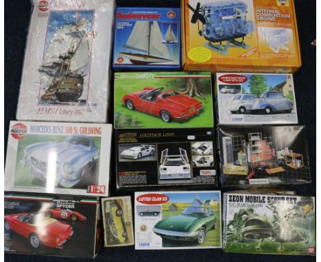 Thirteen model kits including Airfix HMS Victory 1765, Mercedes Benz 300, Hoynes Internal Combustion engine, Ban Dai mobile S
