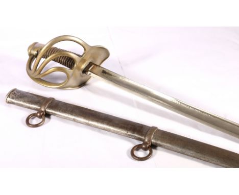 French 1922 pattern light infantry cavalry sword with fullered 97cm blade stamped Chatellerault Juin 1892, brass three bar gu