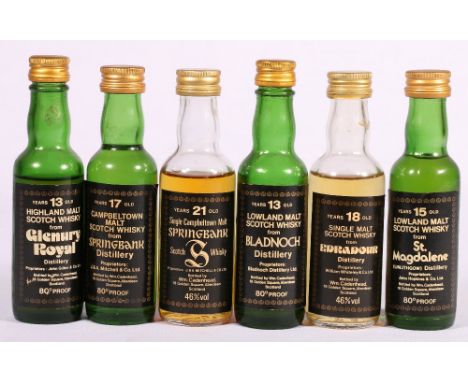 Six William Cadenhead Single Malt Scotch Whisky miniatures: SPRINGBANK 21 year old, 46% vol.; SPRINGBANK 17 year old, 80° pro