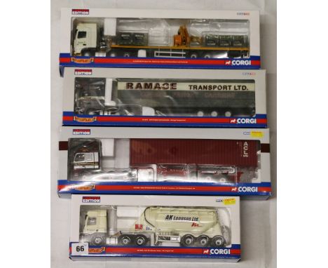 Four Corgi 1:50 Hauliers of Renown limited edition articulated lorry models: CC13219 Tarmac PLC DAF XF space cab sided crane 