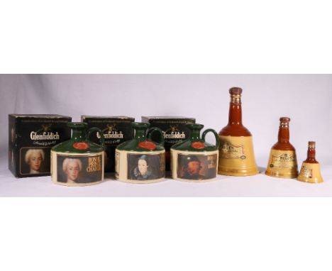 Three GLENFIDDICH Single Malt Scotch Whisky stoneware decanters:  Mary Queen of Scots; Bonnie Prince Charlie; and Robert the 