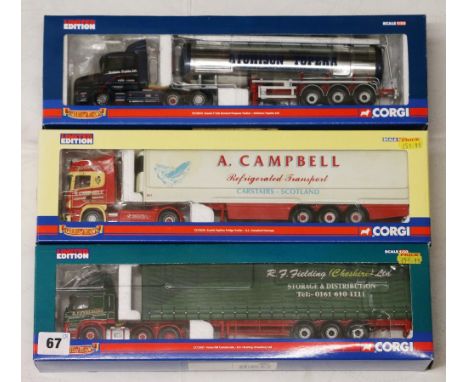 Three Corgi 1:50 Hauliers of Renown limited edition articulated lorry models: CC13507 R F Fielding (Cheshire) Ltd Volvo FM Cu