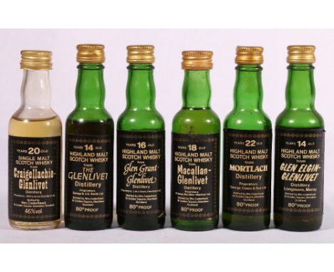 Six William Cadenhead Single Malt Scotch Whisky miniatures:  MACALLAN-GLENLIVET 18 year old, 80° proof; THE GLENLIVET 14 year
