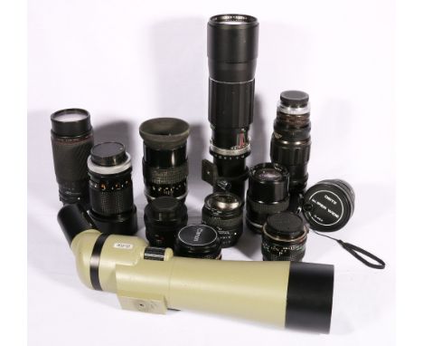 Collection of eleven camera lenses including Deitz super wide macro, Canon 50mm, F1.8, Sigma APO 75-300mm zoom, Sigma super w