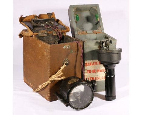 Lucas Ltd morse code signalling electric lamp MKII 1918 in wooden case and a WWII compass type 06A No 49105H in wooden case (