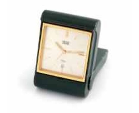 IMHOFF Circa 1960 Alarm reveil a nice and interesting travel desk clock case addorned by leather color green Movement manual 