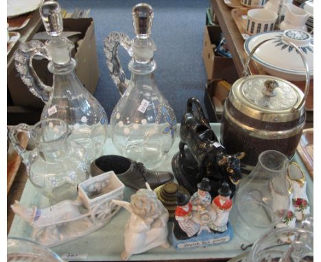Tray of assorted items to include: pair of Victorian enamelled decanters; pin cushion in the form of a shoe; brass graduated 