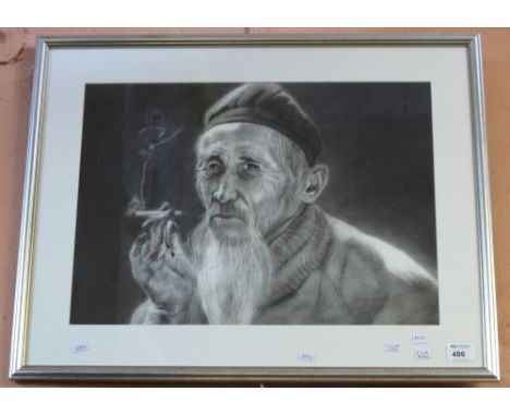 Richard Perkins, portrait of a Chinese man smoking, signed, charcoal and wash.  Framed and glazed.
