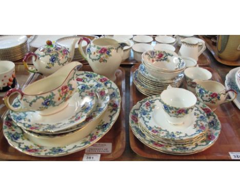 Two trays of Royal Cauldon 'Victoria' tea and dinnerware items comprising: teacups and saucers; bowls; various plates; gravy 