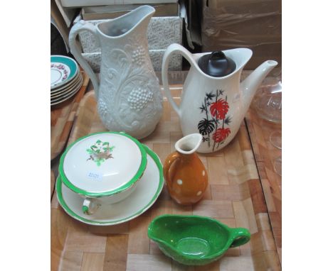 Tray of assorted china to include: Midwinter style craft fashion shape coffee or water pot; Wedgwood two handled cup and sauc
