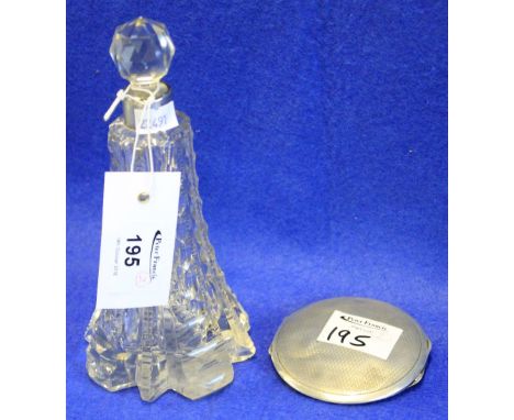 Cut glass conical scent bottle with silver collar and facet stopper together with an engine turned, silver cushion shaped lad