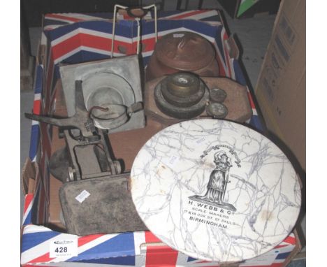 Two shop scales with weights, one with marble top marked: 'H. Webb and Co., Birmingham', together with a metal and glass hang
