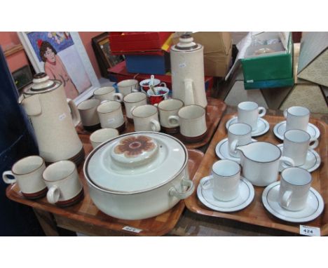 Two trays of Denby stoneware cream and brown ground coffee set together with a lidded, two handled tureen together with a tra