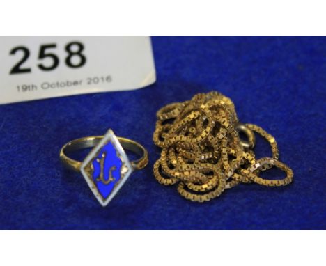 18ct gold chain and an 18ct gold, lozenge shaped enamel ring. CONDITION REPORT: Enamel has chips and surface wear. Ring size 