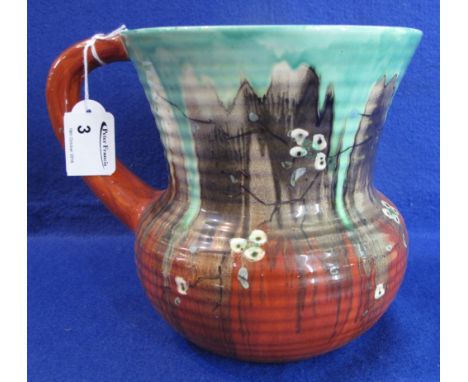 Clarice Cliff Wilkinson Pottery 'Bizarre May Blossom' design ribbed jug, shape number: 635, black printed marks to base.