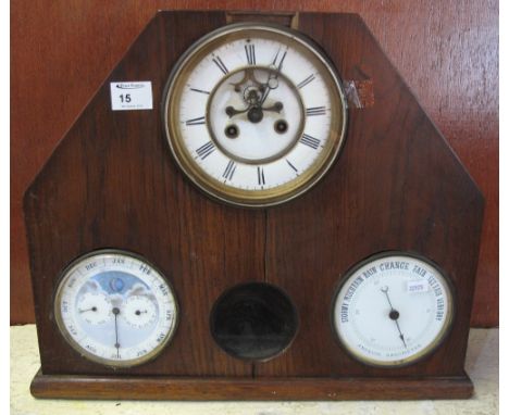 Oak cased two train mantel clock with Roman numeral chapter ring, together with barometer and astronomy subsidiary dials.