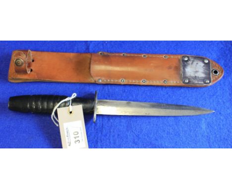Sykes Fairbairn Commando Fighting Knife, the blade marked: John Blyde, Clintock Works, having later turned wooden handle in a