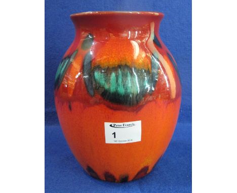 Poole Pottery baluster vase, multi-coloured mottled glaze on orange red ground.