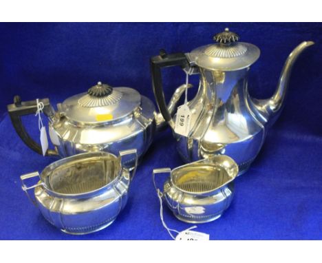 Silver four piece baluster shaped, lobed and indented, tea and coffee set in Georgian style.  Coffee pot, teapot, sucrier and