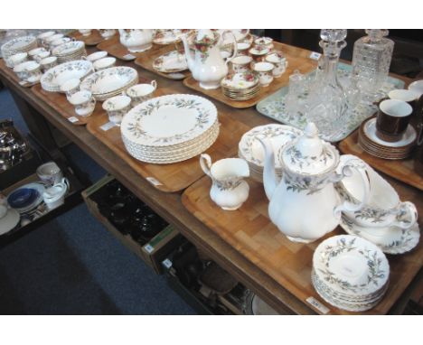 Four trays of Royal Albert bone china 'Brigadoon' teaware items to include: teacups and saucers; various bowls; plates; teapo