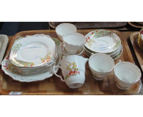 Tray of Bradford bone china Fenton 'Harebell' design teaware comprising: teacups and saucers; milk jug and various plates.