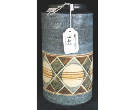 Troika Cornish Art Pottery cylinder vase with geometric banded decoration, by Avril Bennett.