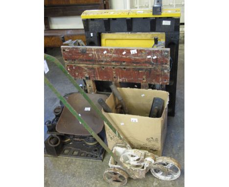 Collection of assorted tools, accessories and other items to include: work benches; planes; vintage scales and weights etc.