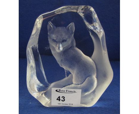 Swedish glass Intaglio depicting fox, signed: Mats Jonasson.