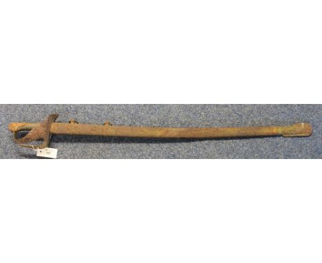 19th Century trooper's heavy Cavalry sword with pierced basket hilt and metal scabbard. CONDITION REPORT: Very poor condition