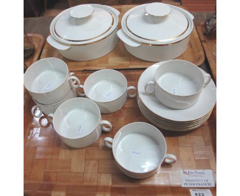 Two trays of Thomas Germany china items to include: two handled bowls and saucers together with a pair of circular lidded two