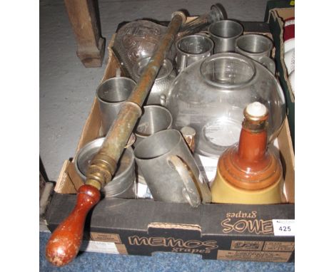 Tray of assorted pewter tankards together with glass decanter; Wade Bells whisky decanter; vintage garden sprayer etc.