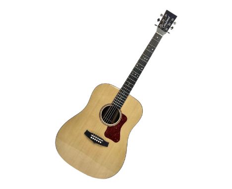 Tanglewood Dreadnought spruce and java wood acoustic guitar the three-piece back with mango spalted wood insert; in Faith har