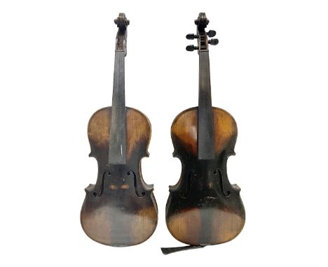 Two German violins c1890 for completion - one bearing a Stradivarius label, the other a Ruggeri label; both in carrying cases