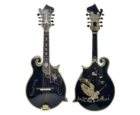 Eastern F-hole eight-string mandolin with black finish and mother-of-pearl inlay of a man riding a winged horse/unicorn among