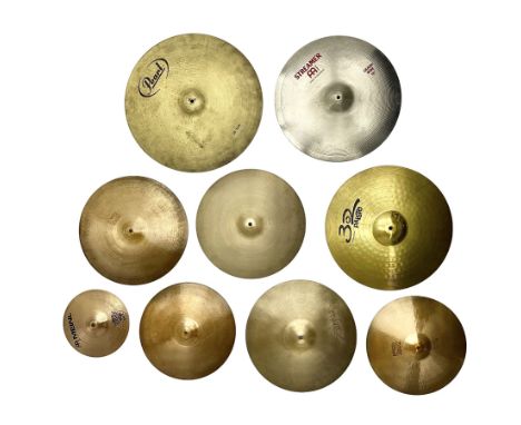 Graduated set of nine drum kit cymbals comprising Pearl 51cm (20") ride, Paiste and Meinl 46cm (18") crash/ride, two Paiste 4