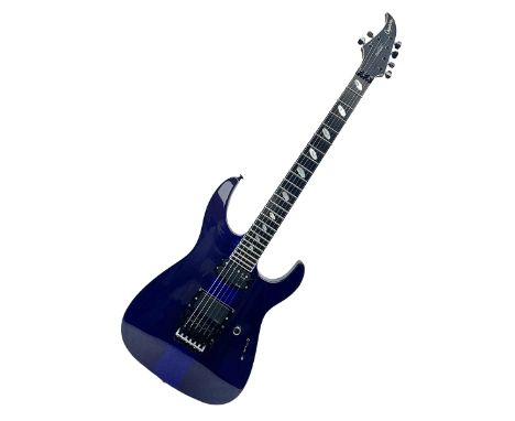 2015 Japanese Caparison Dellinger Prominence hand made boutique rock guitar in spectrum blue with clock inlays and Scaller tr
