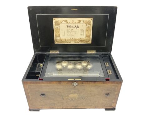 Large late 19th century Swiss bells-in-sight musical box with 27.5cm cylinder playing eight airs on a 27cm two-piece comb wit