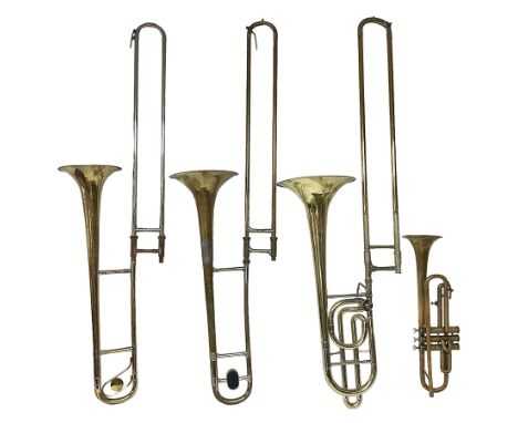 Three brass trombones comprising Elkhart Ind. USA 'CONN' model no.72H; Besson 'Concord'; and Selmer Distributed 'Lincoln'; tw