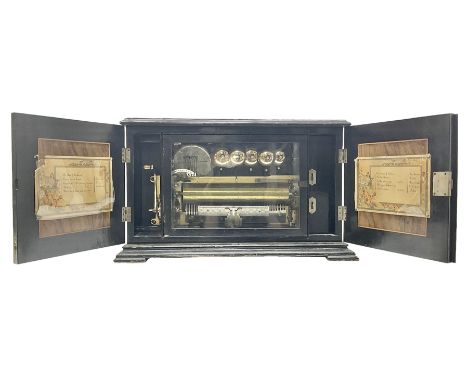 Swiss - 19th-century cylinder music box in a mahogany "buffet" style case with inlaid door panels, mechanism with five bells 